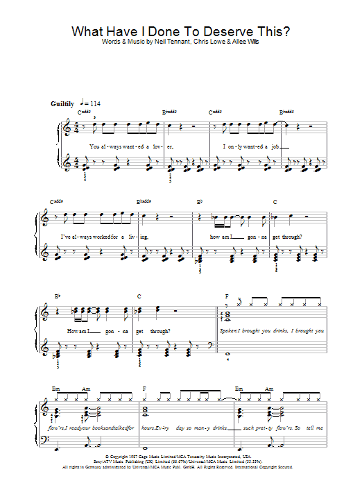 The Pet Shop Boys What Have I Done To Deserve This? sheet music notes and chords arranged for Piano, Vocal & Guitar Chords