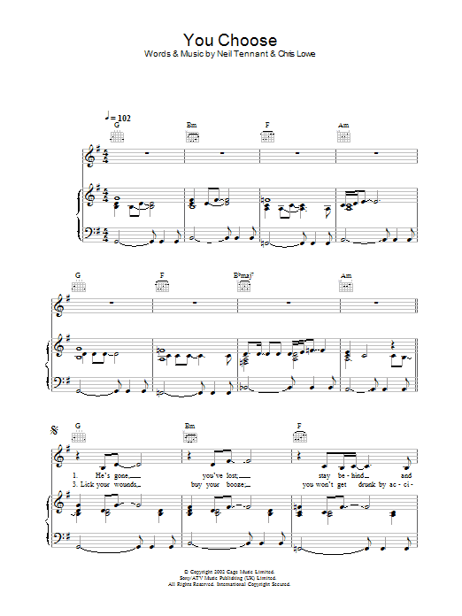 The Pet Shop Boys You Choose sheet music notes and chords arranged for Piano, Vocal & Guitar Chords