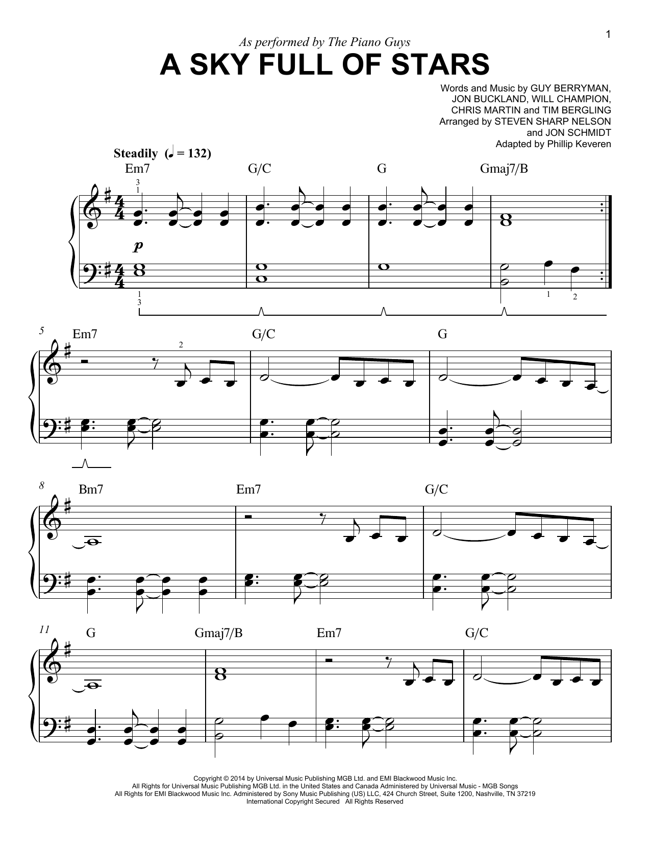 The Piano Guys A Sky Full Of Stars (arr. Phillip Keveren) sheet music notes and chords arranged for Easy Piano