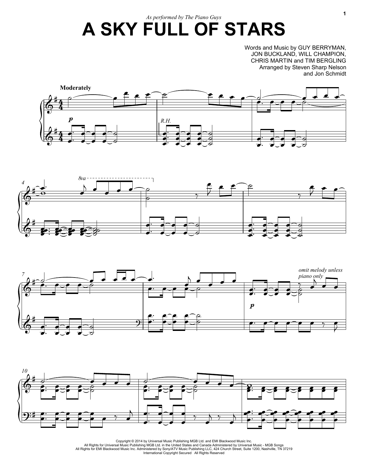 The Piano Guys A Sky Full Of Stars sheet music notes and chords arranged for Easy Piano Solo