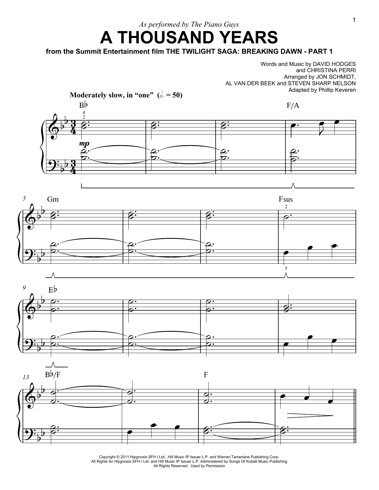 The Piano Guys A Thousand Years (arr. Phillip Keveren) sheet music notes and chords arranged for Easy Piano