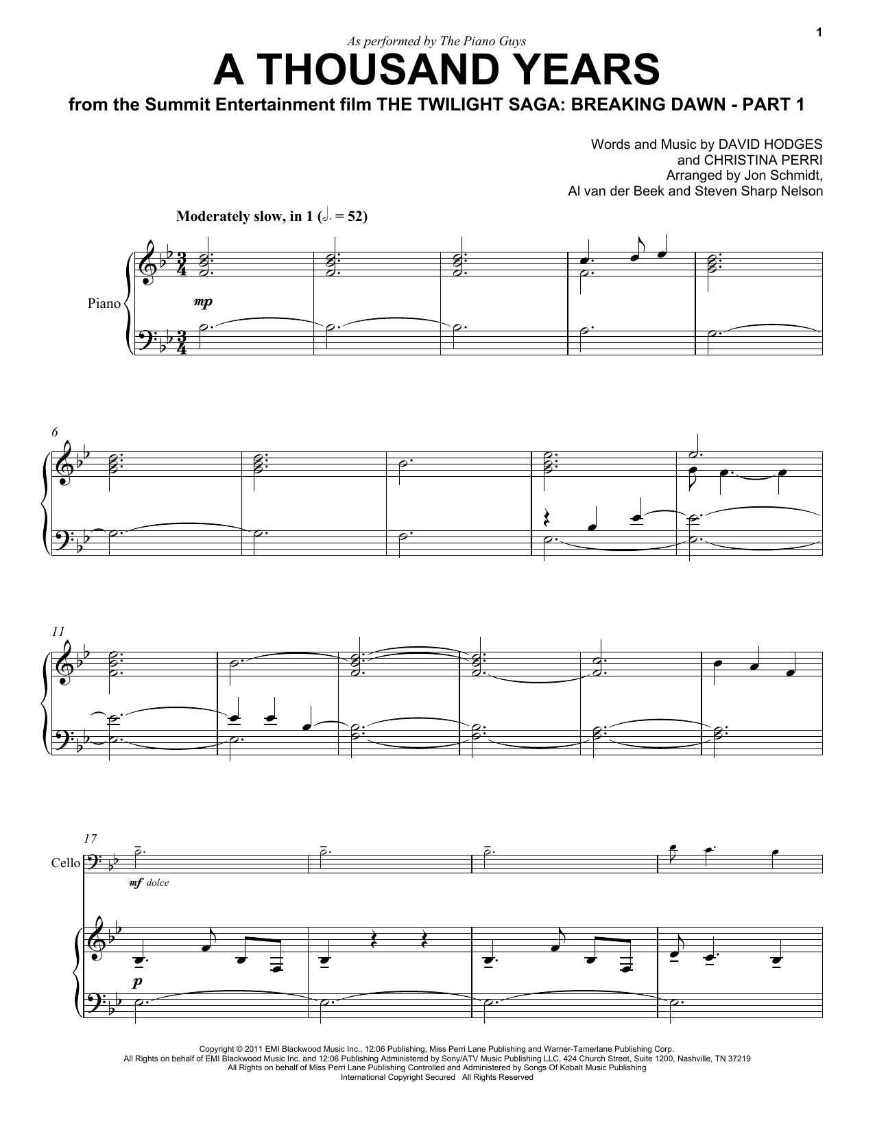 The Piano Guys A Thousand Years sheet music notes and chords arranged for Easy Piano