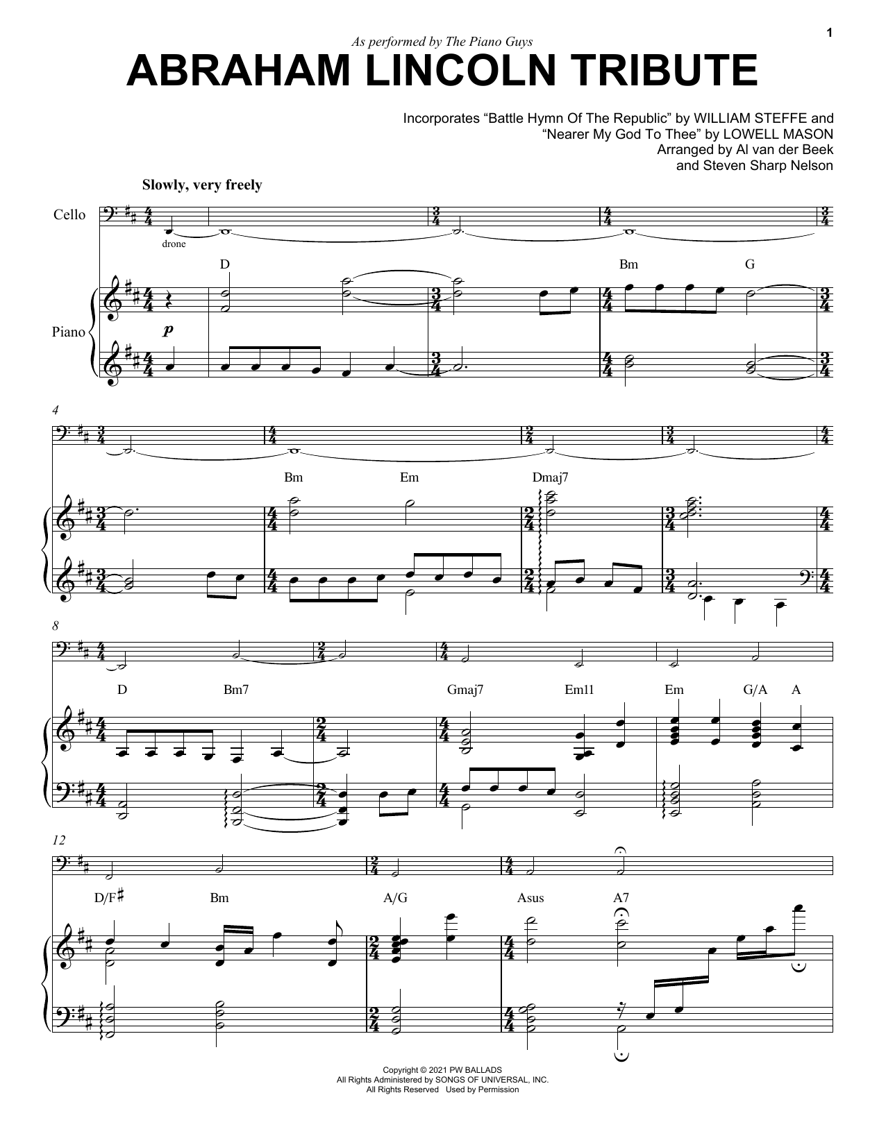 The Piano Guys Abraham Lincoln Tribute sheet music notes and chords arranged for Cello and Piano
