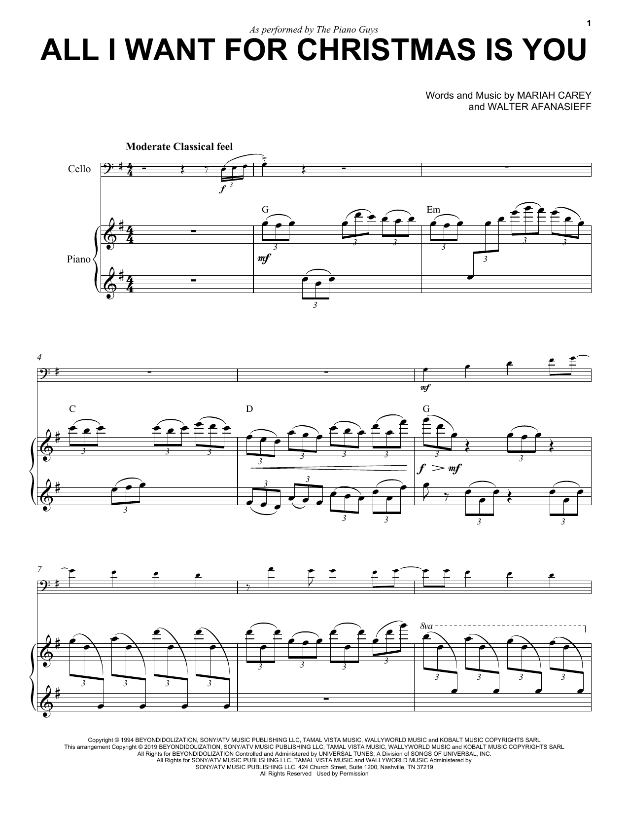 The Piano Guys All I Want For Christmas Is You sheet music notes and chords arranged for Cello and Piano