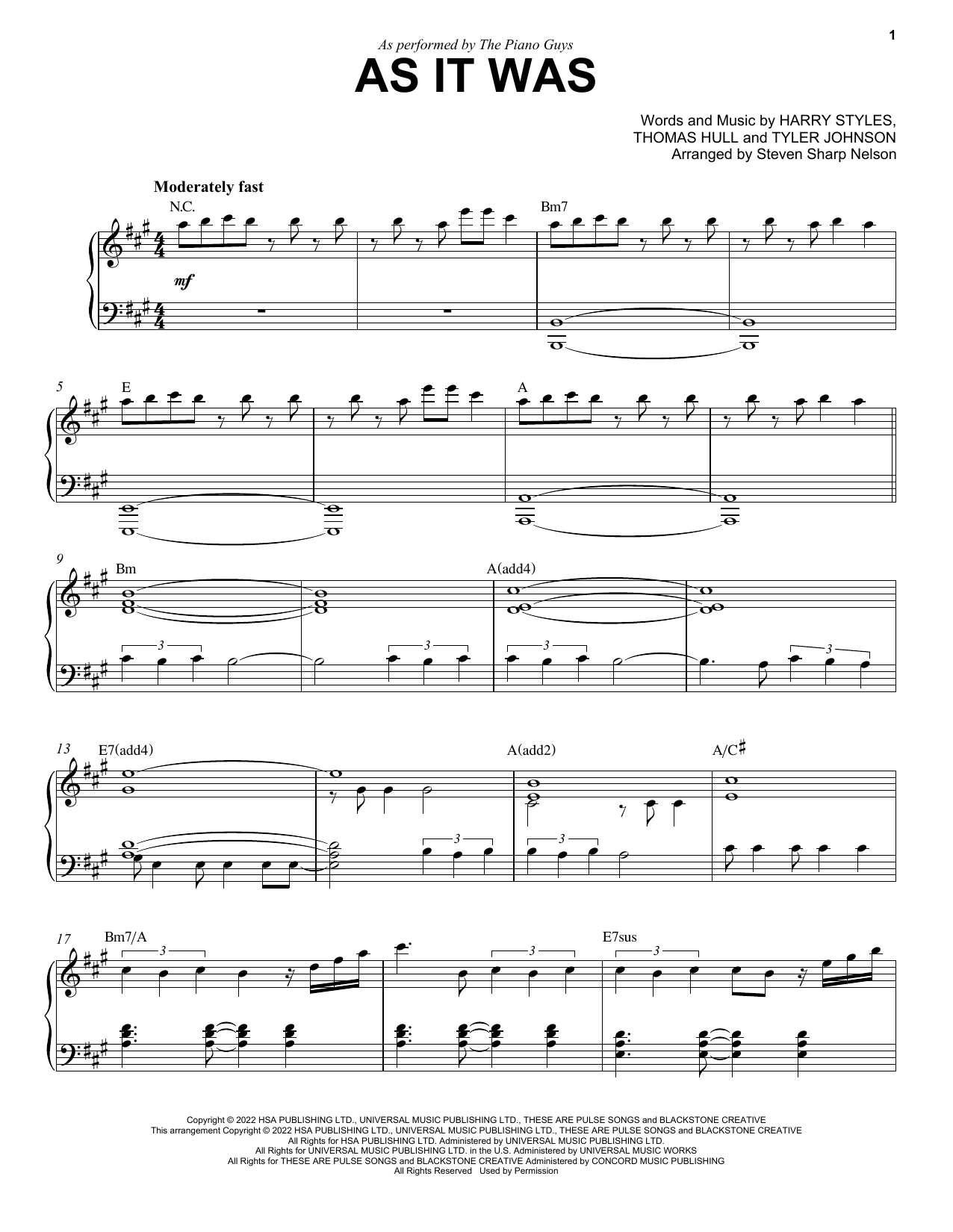 The Piano Guys As It Was sheet music notes and chords arranged for Piano Solo