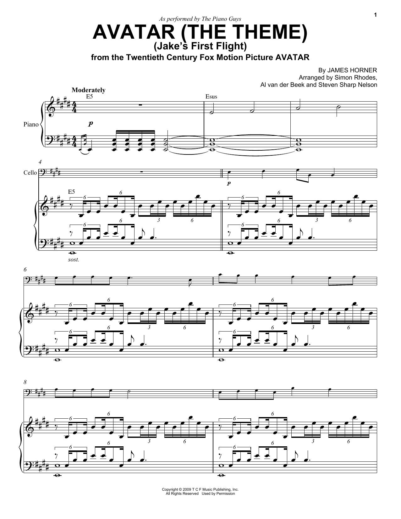 The Piano Guys Avatar (The Theme) (Jake's First Flight) sheet music notes and chords arranged for Cello and Piano