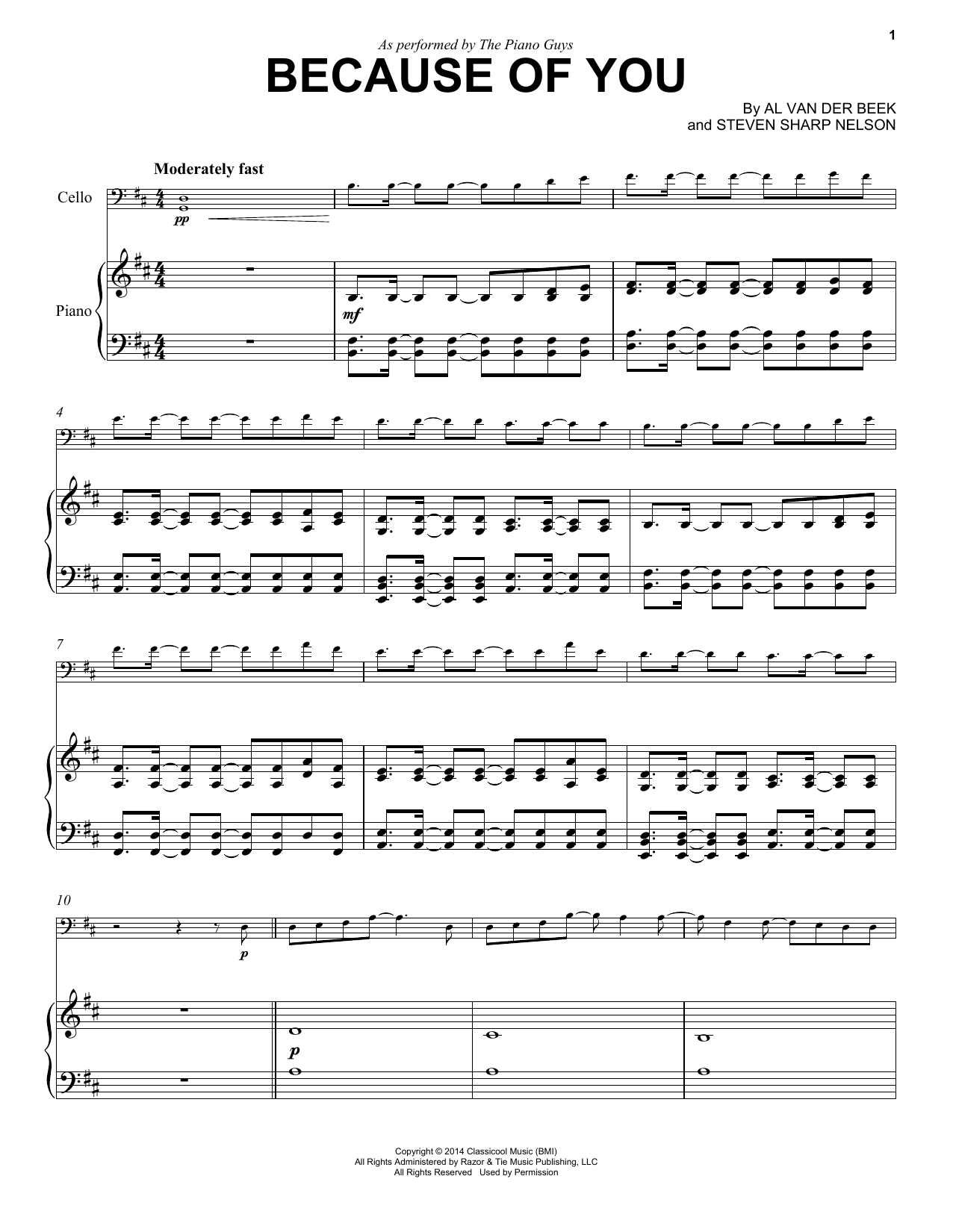 The Piano Guys Because Of You sheet music notes and chords arranged for Cello and Piano