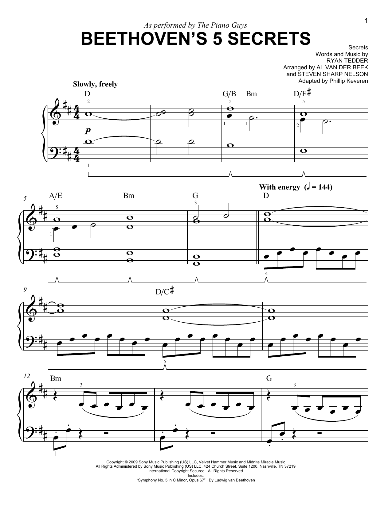 The Piano Guys Beethoven's 5 Secrets (arr. Phillip Keveren) sheet music notes and chords arranged for Easy Piano