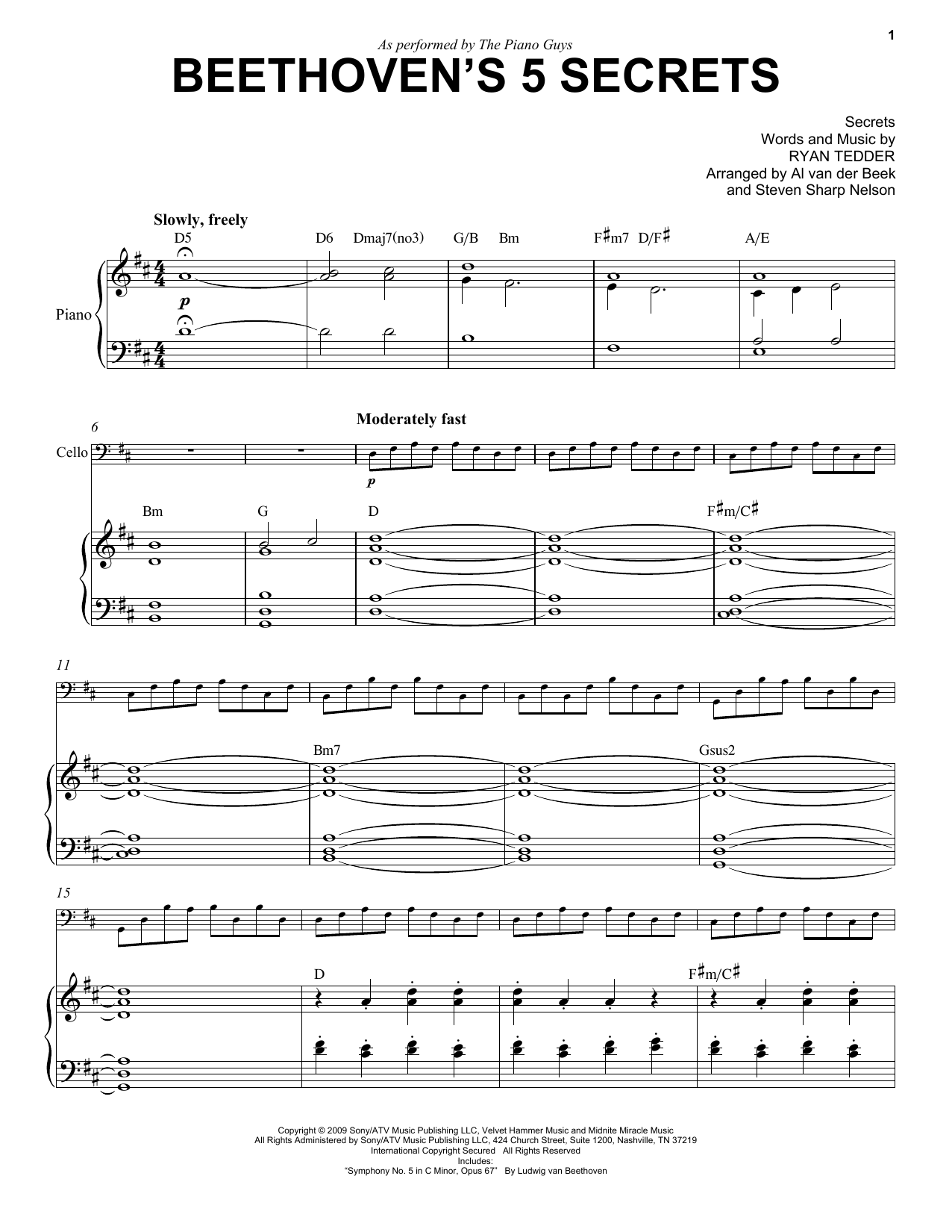 The Piano Guys Beethoven's 5 Secrets sheet music notes and chords arranged for Cello and Piano