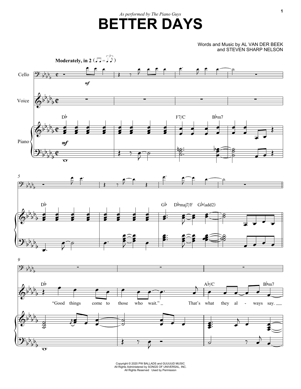 The Piano Guys Better Days sheet music notes and chords arranged for Cello and Piano