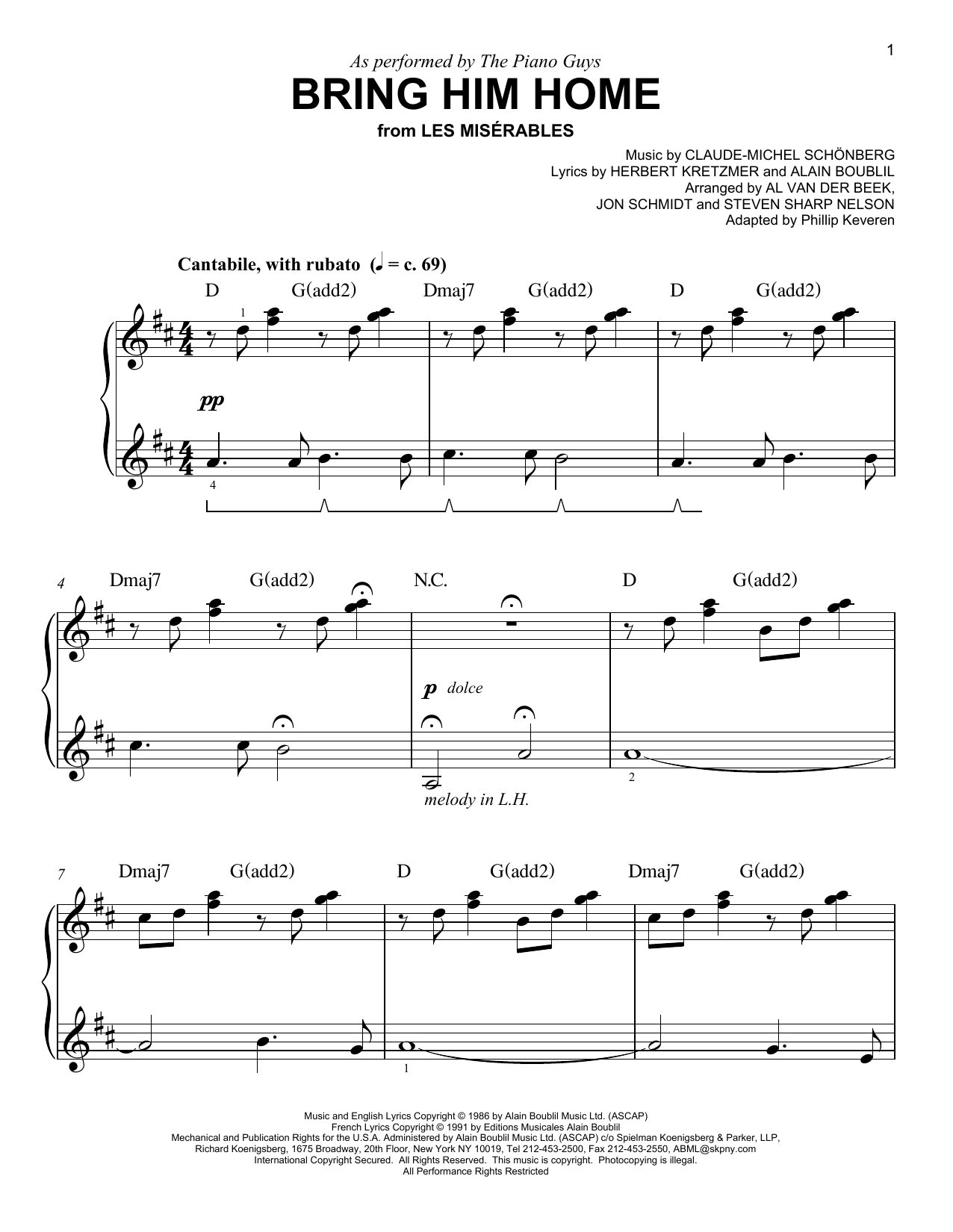 The Piano Guys Bring Him Home (arr. Phillip Keveren) sheet music notes and chords arranged for Easy Piano