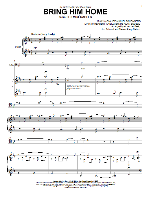 The Piano Guys Bring Him Home sheet music notes and chords arranged for Cello and Piano