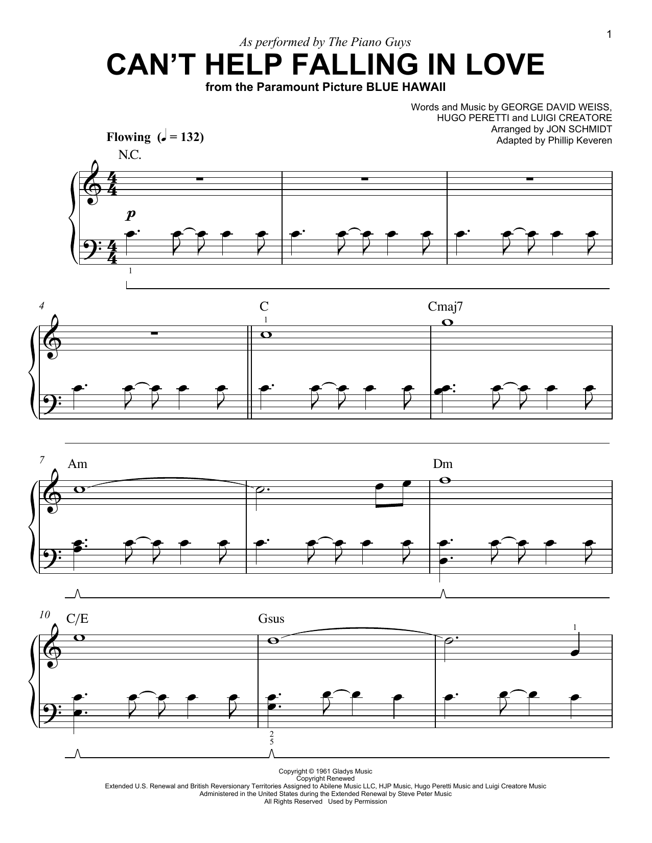 The Piano Guys Can't Help Falling In Love (arr. Phillip Keveren) sheet music notes and chords arranged for Easy Piano