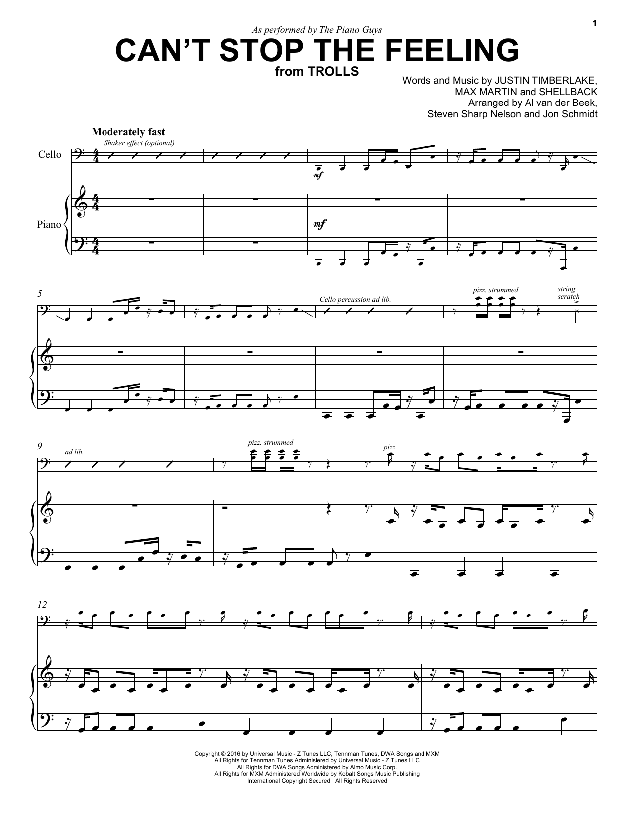 The Piano Guys Can't Stop The Feeling sheet music notes and chords arranged for Cello and Piano