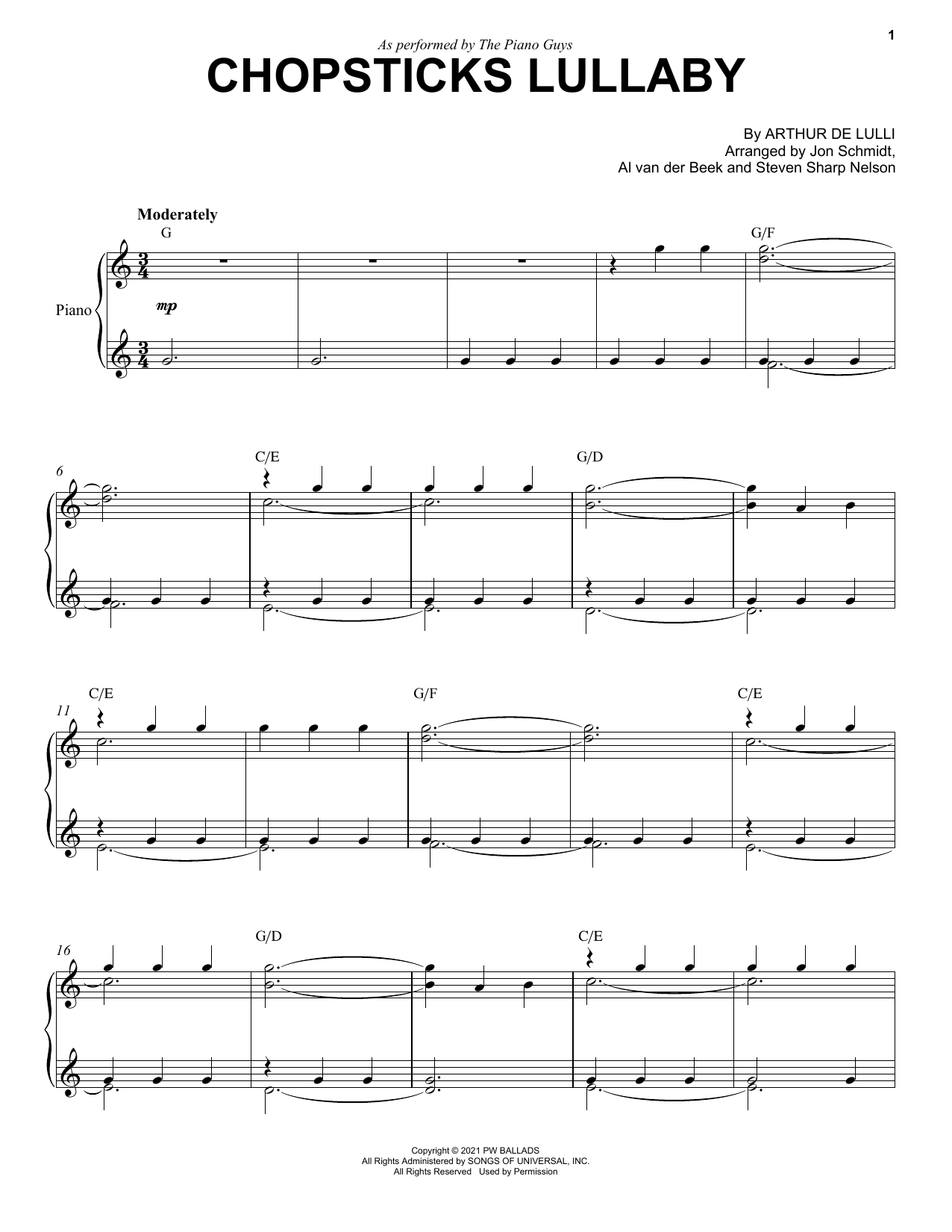 The Piano Guys Chopsticks Lullaby sheet music notes and chords arranged for Cello and Piano