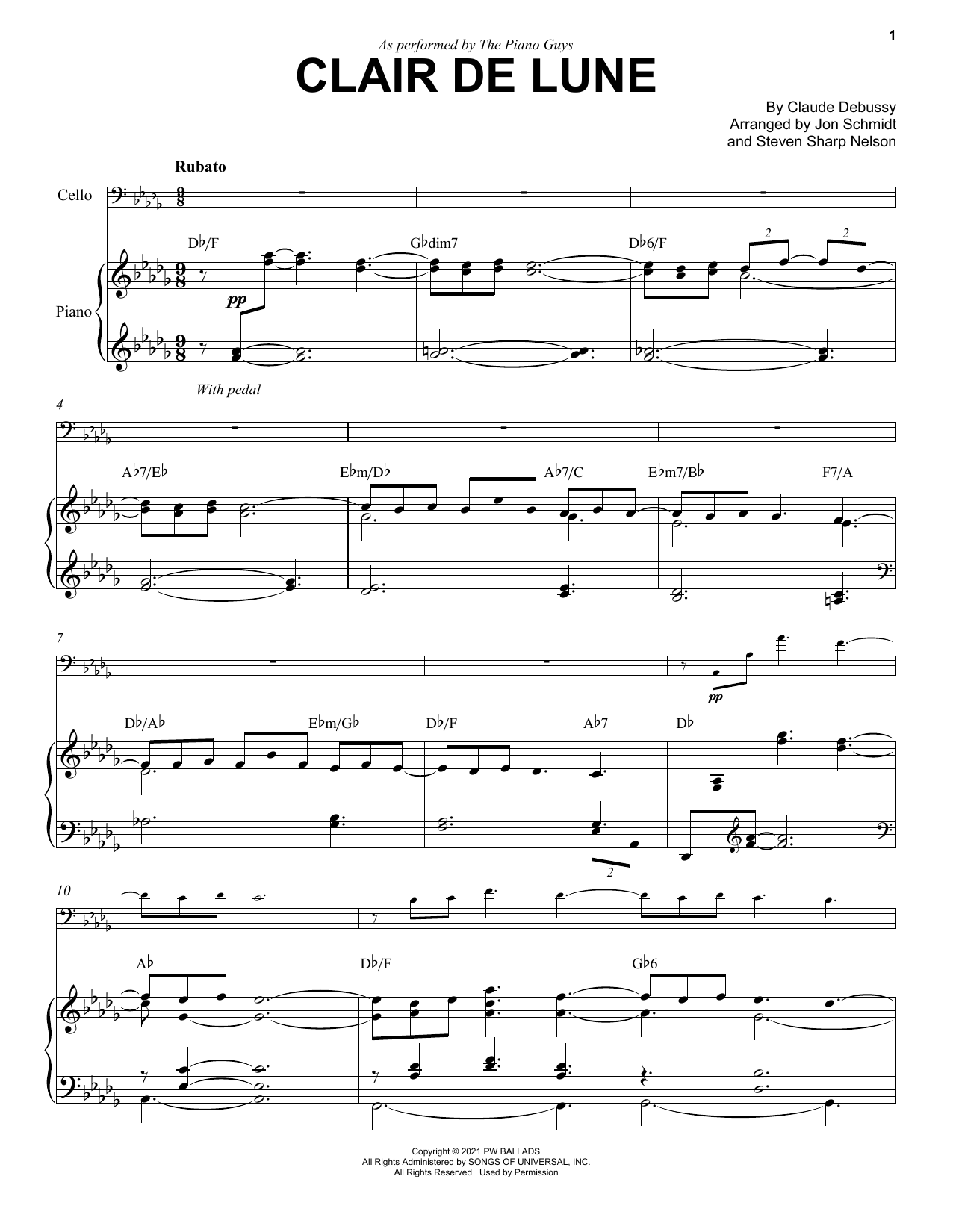 The Piano Guys Clair De Lune sheet music notes and chords arranged for Cello and Piano