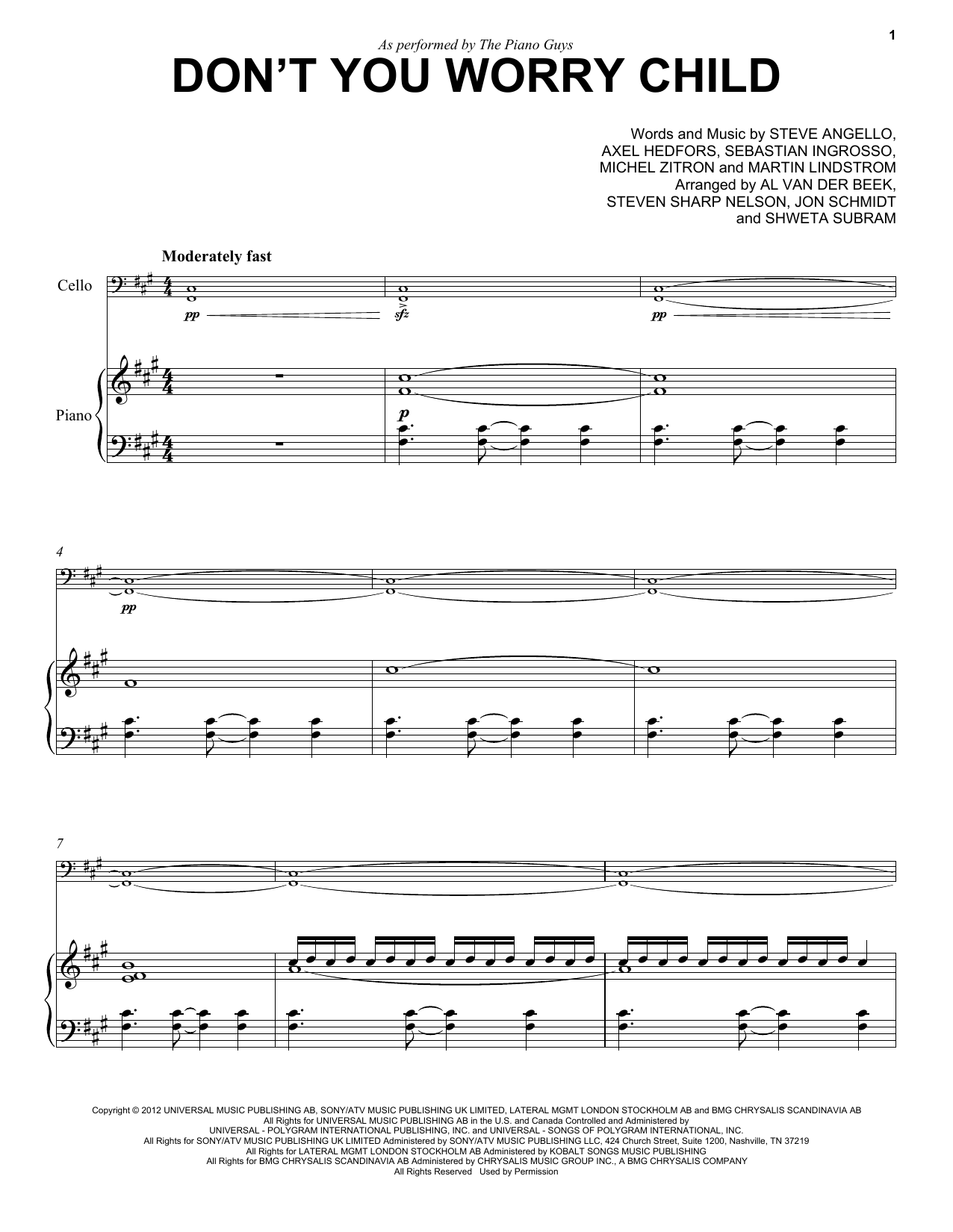 The Piano Guys Don't You Worry Child sheet music notes and chords arranged for Cello Solo