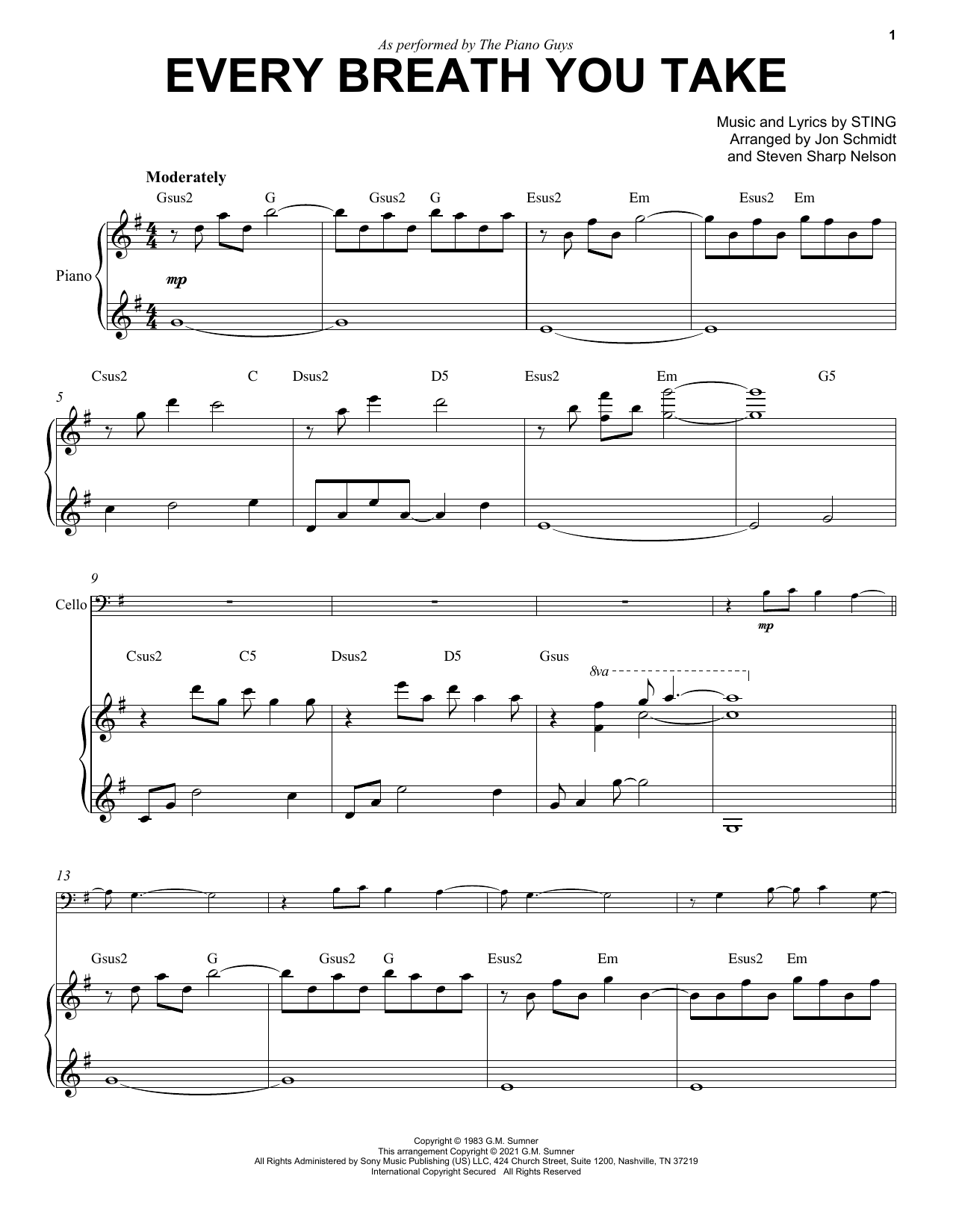 The Piano Guys Every Breath You Take sheet music notes and chords arranged for Cello and Piano