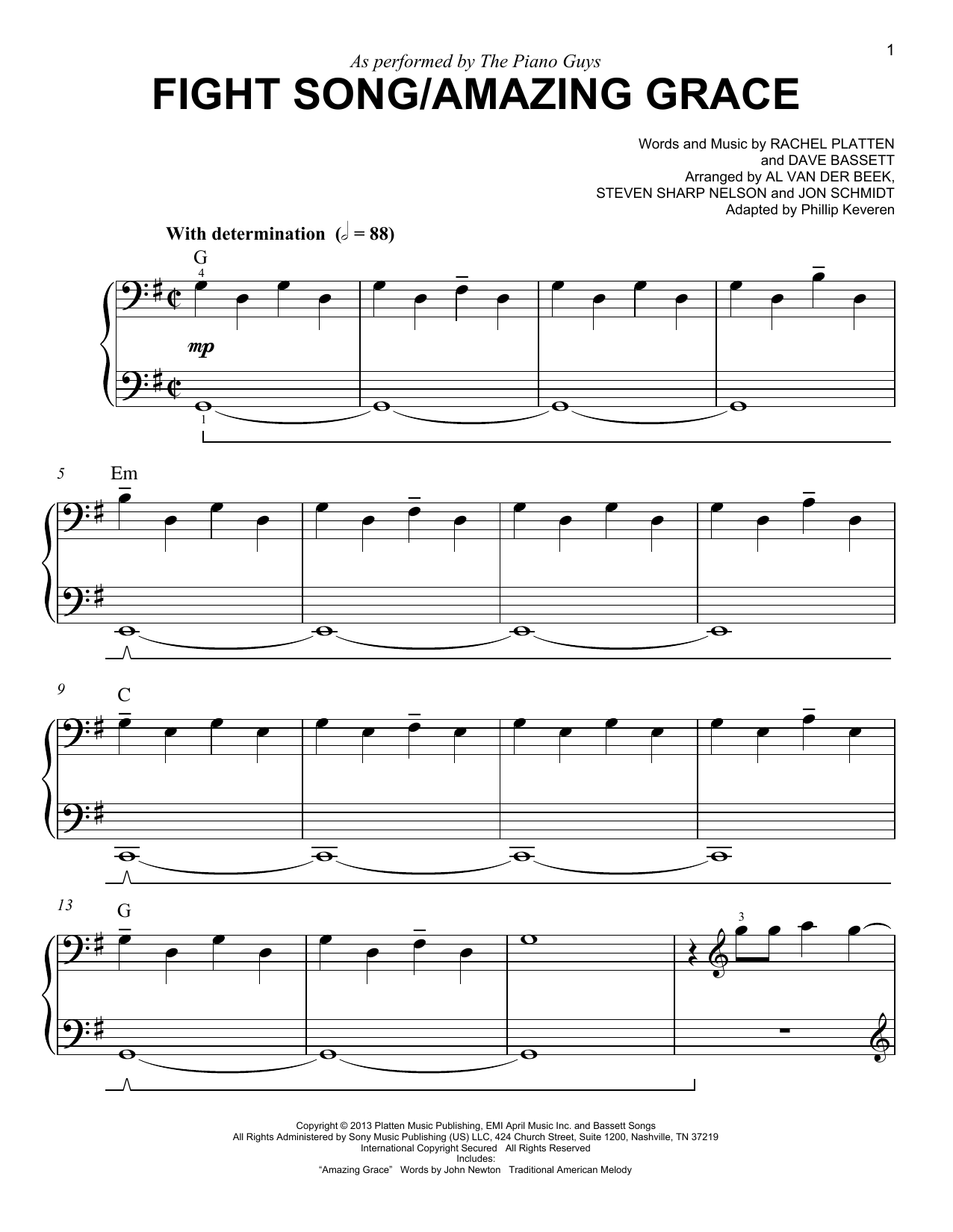 The Piano Guys Fight Song/Amazing Grace (arr. Phillip Keveren) sheet music notes and chords arranged for Easy Piano