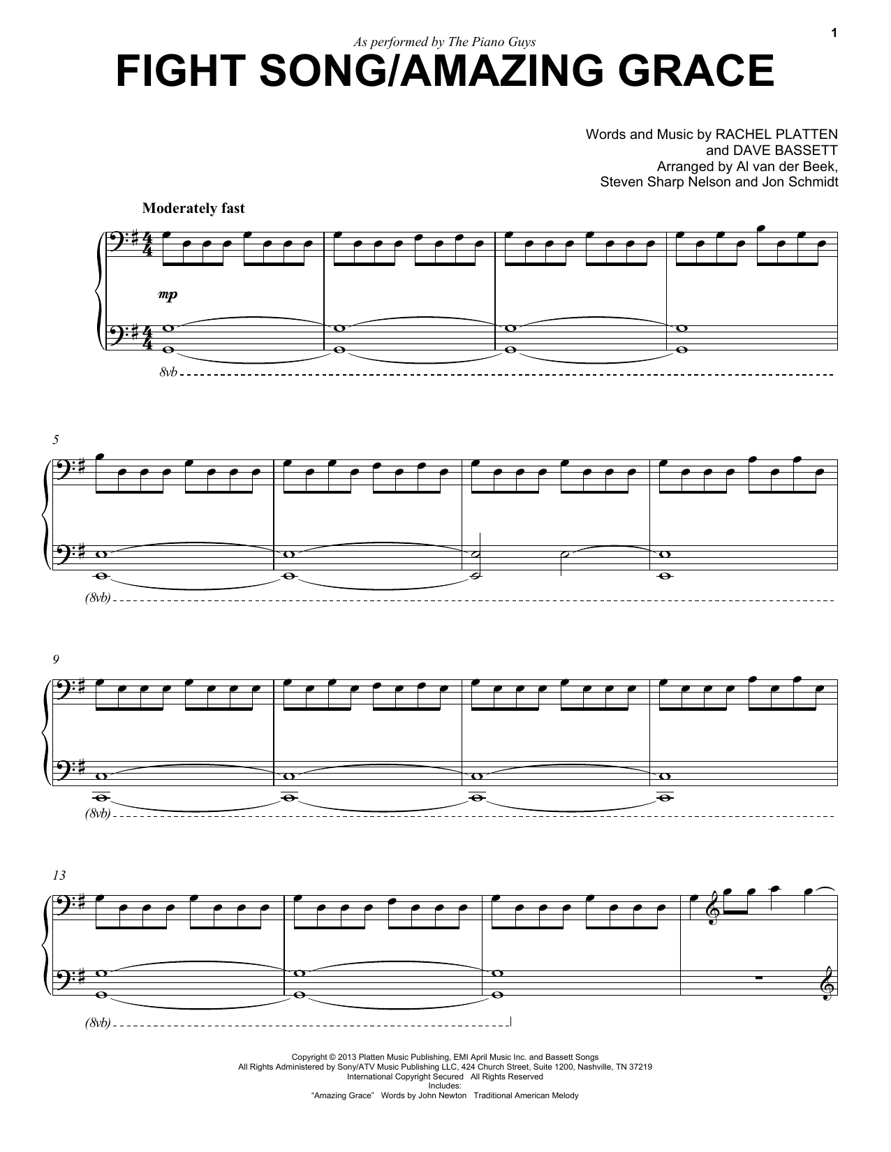 The Piano Guys Fight Song/Amazing Grace sheet music notes and chords arranged for Easy Piano Solo