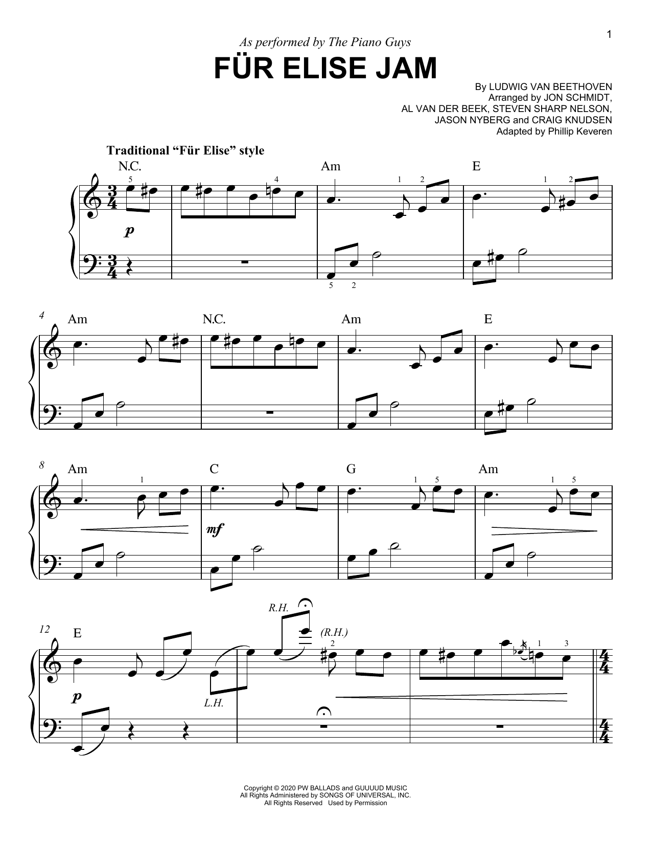 The Piano Guys Fur Elise Jam (arr. Phillip Keveren) sheet music notes and chords arranged for Easy Piano