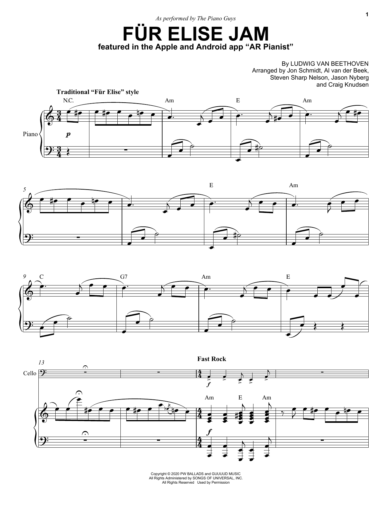 The Piano Guys Für Elise Jam sheet music notes and chords arranged for Cello and Piano