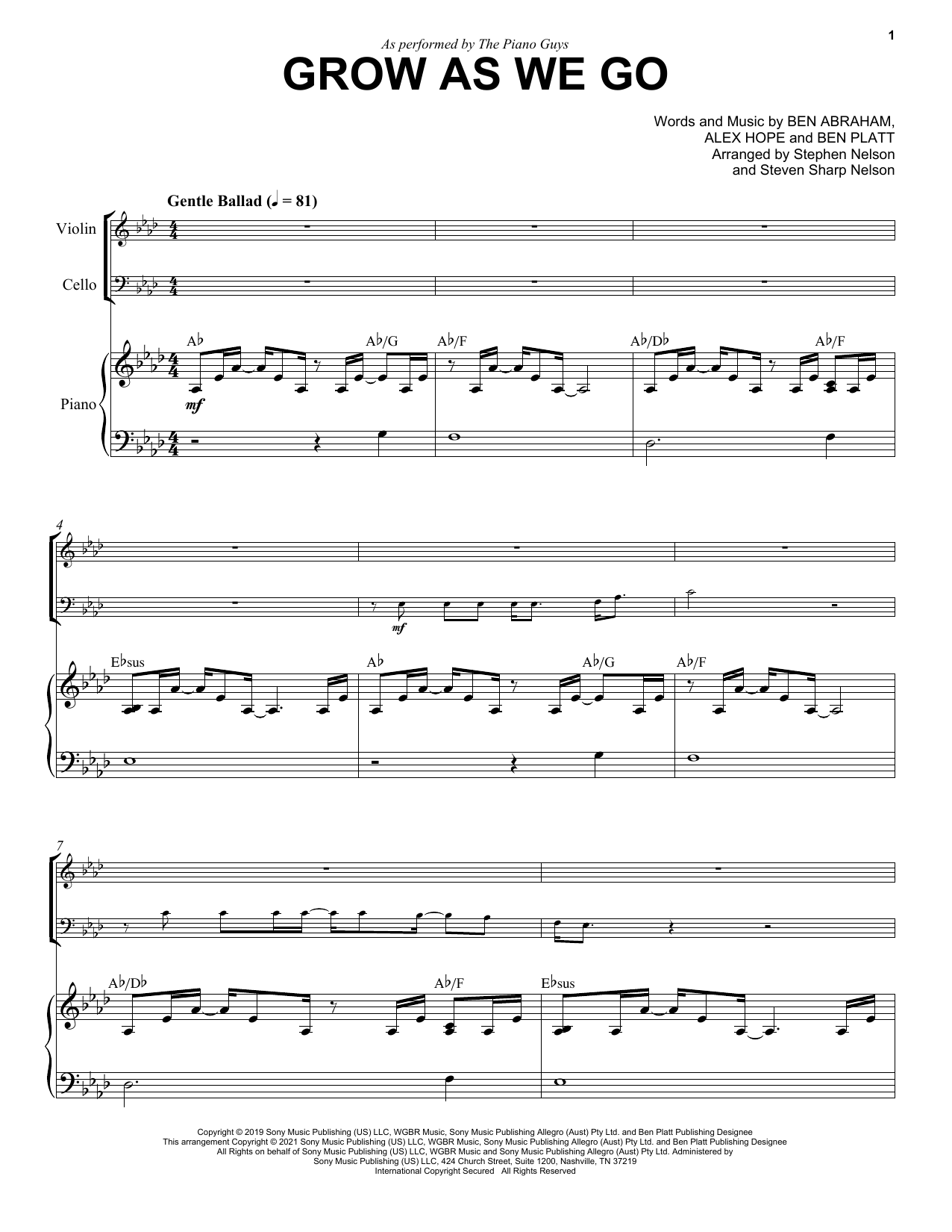 The Piano Guys Grow As We Go sheet music notes and chords arranged for Cello and Piano