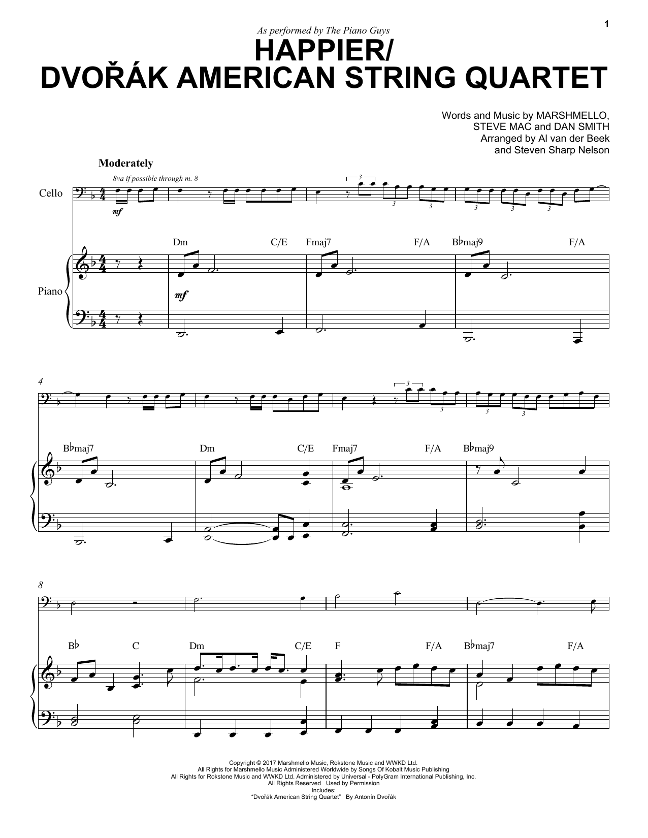 The Piano Guys Happier/Dvořák American String Quartet sheet music notes and chords arranged for Cello and Piano