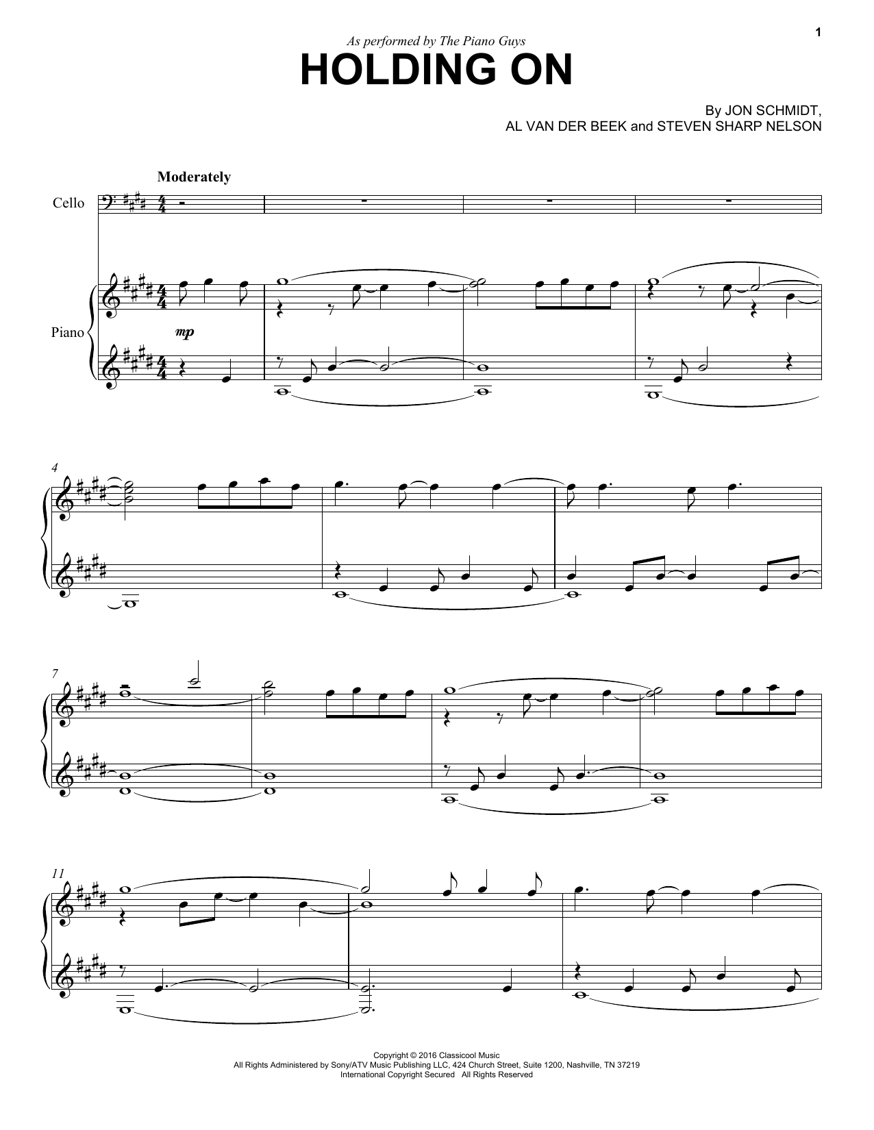 The Piano Guys Holding On sheet music notes and chords arranged for Cello Solo