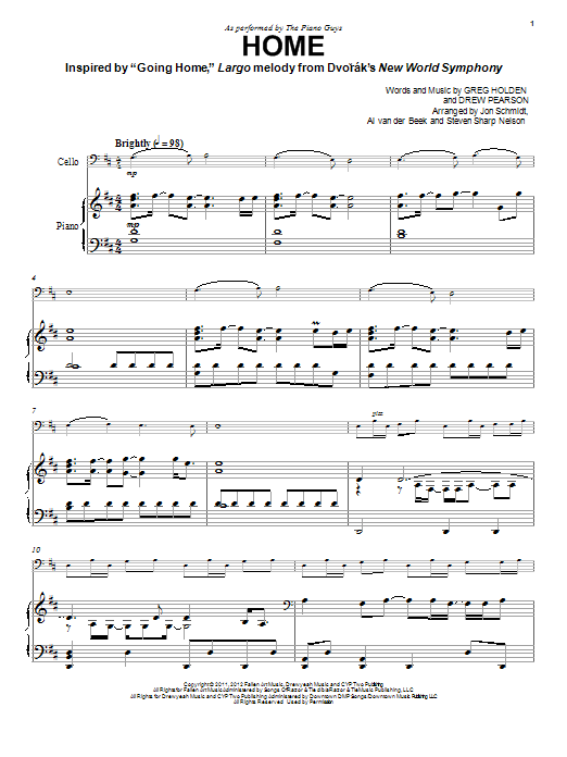 The Piano Guys Home sheet music notes and chords arranged for Cello Solo