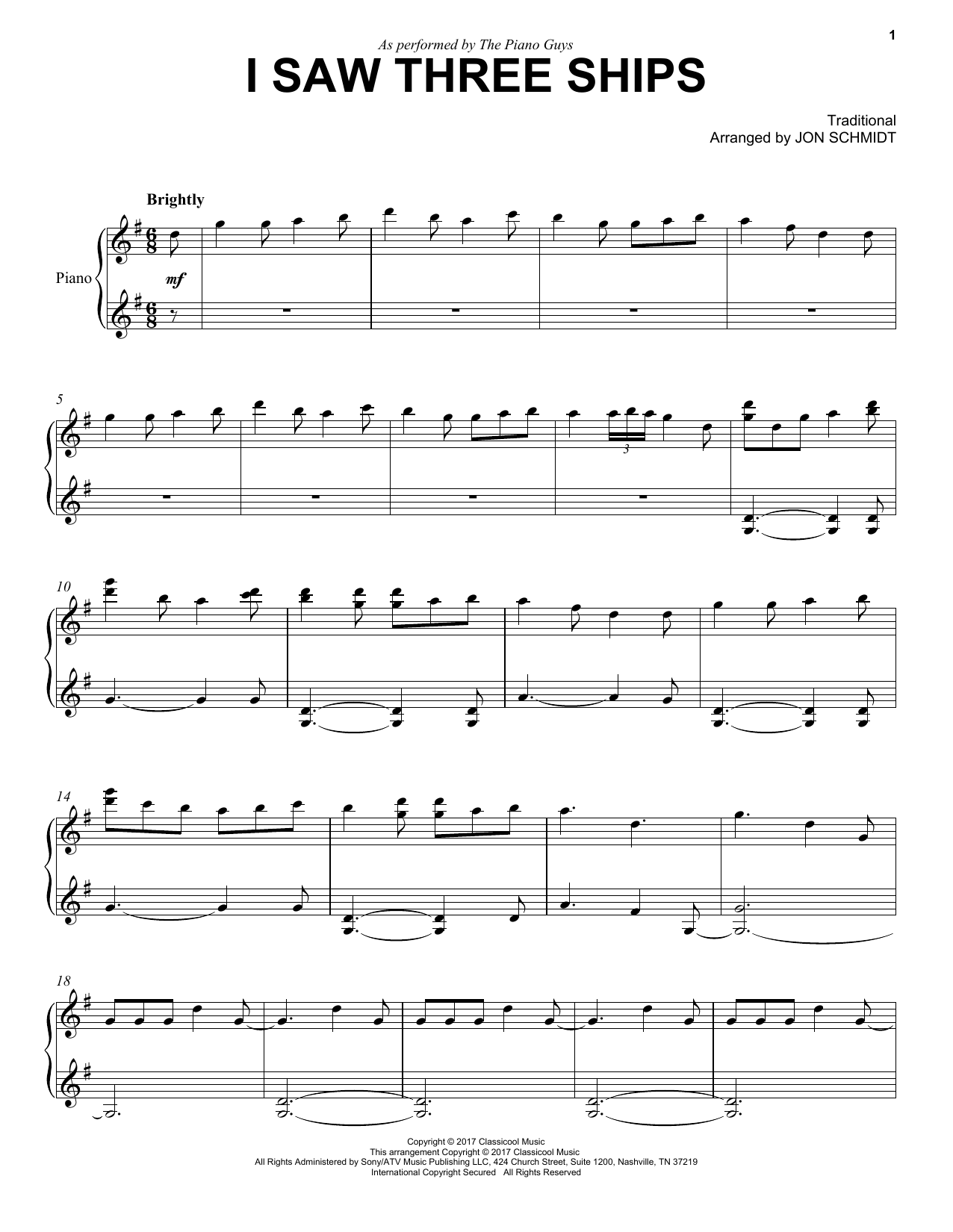 The Piano Guys I Saw Three Ships sheet music notes and chords arranged for Piano Solo