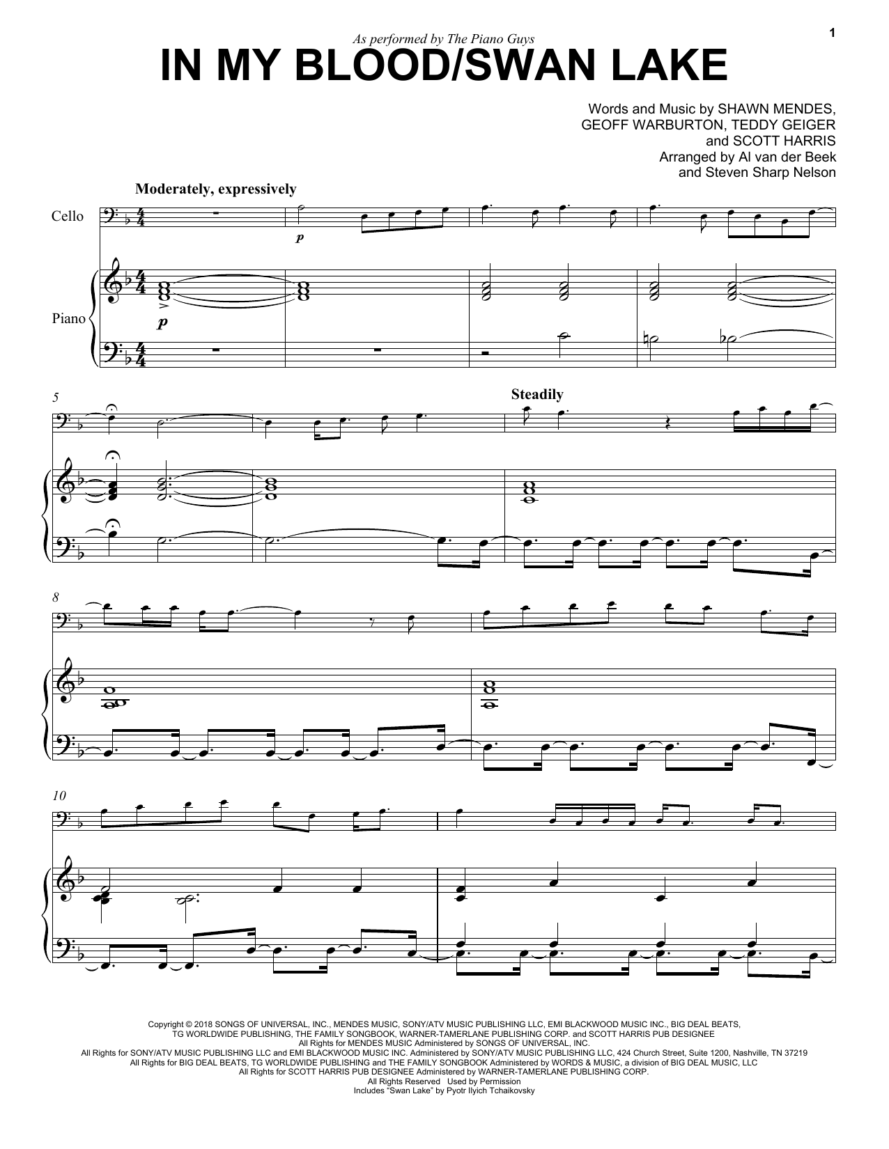 The Piano Guys In My Blood / Swan Lake sheet music notes and chords arranged for Cello and Piano