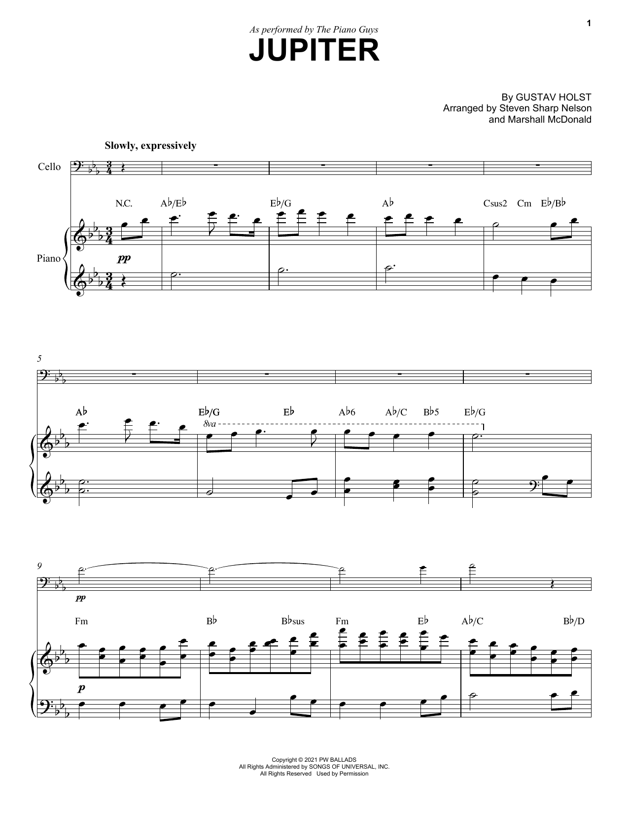 The Piano Guys Jupiter sheet music notes and chords arranged for Cello and Piano