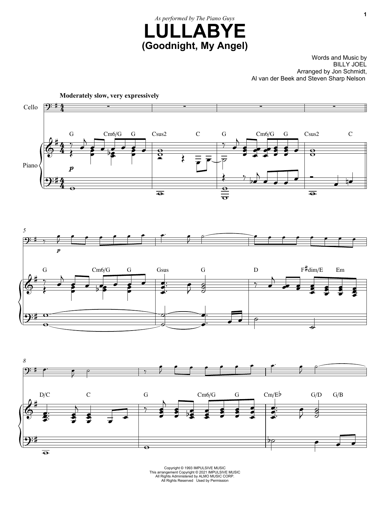 The Piano Guys Lullabye (Goodnight, My Angel) sheet music notes and chords arranged for Cello and Piano