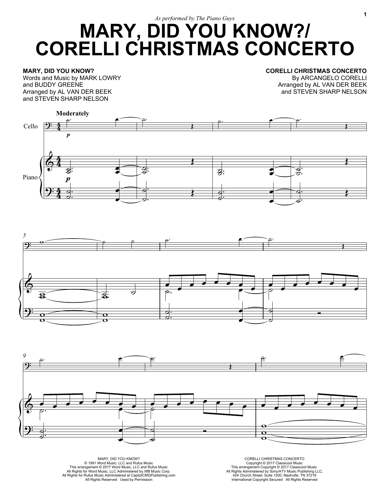 The Piano Guys Mary, Did You Know?/Corelli Christmas Concerto sheet music notes and chords arranged for Cello and Piano