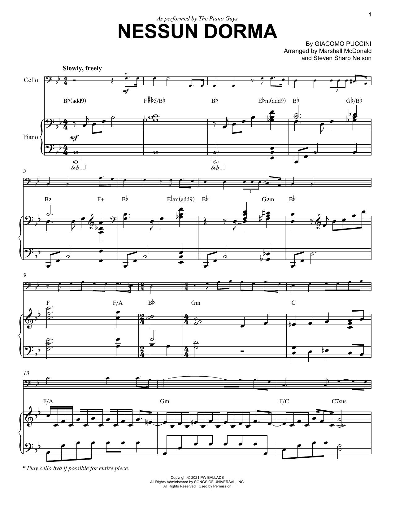 The Piano Guys Nessun Dorma sheet music notes and chords arranged for Cello and Piano