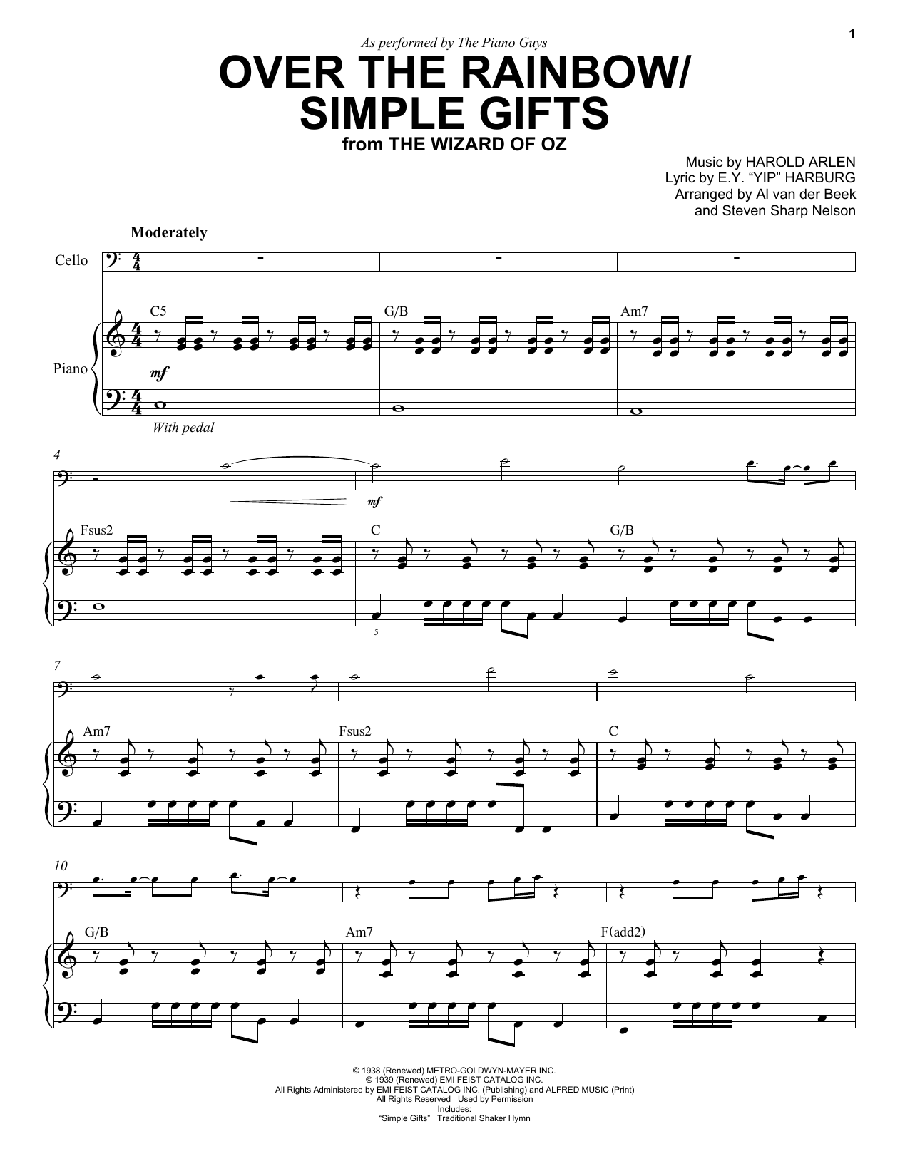 The Piano Guys Over The Rainbow/Simple Gifts (from The Wizard Of Oz) sheet music notes and chords arranged for Cello and Piano