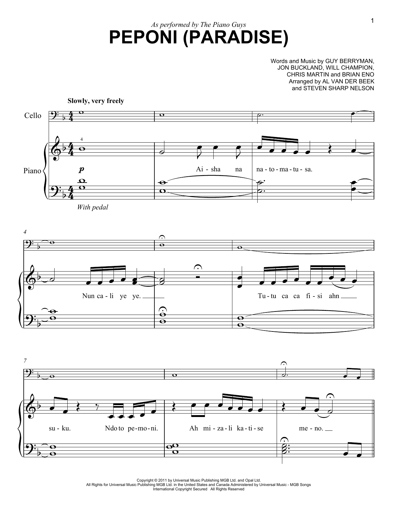 The Piano Guys Peponi (Paradise) sheet music notes and chords arranged for Easy Piano