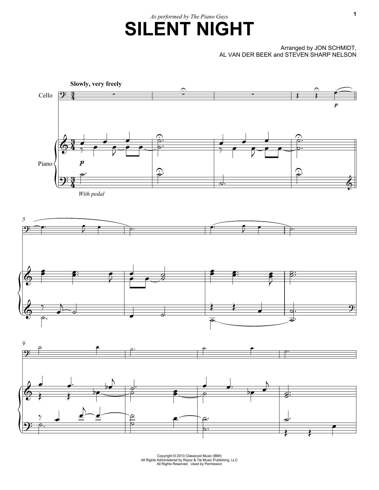 The Piano Guys Silent Night sheet music notes and chords arranged for Cello and Piano