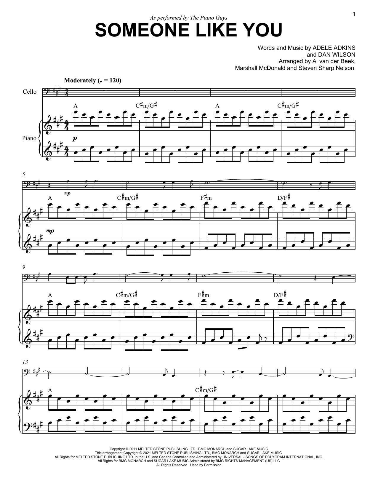 The Piano Guys Someone Like You sheet music notes and chords arranged for Cello and Piano