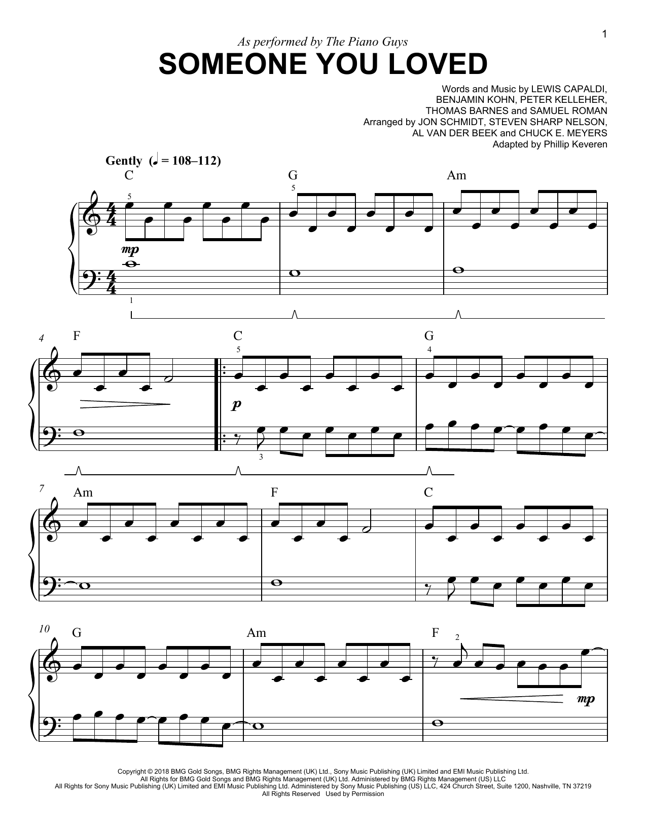 The Piano Guys Someone You Loved (arr. Phillip Keveren) sheet music notes and chords arranged for Easy Piano