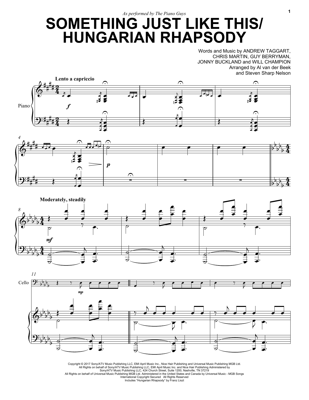 The Piano Guys Something Just Like This / Hungarian Rhapsody sheet music notes and chords arranged for Cello and Piano