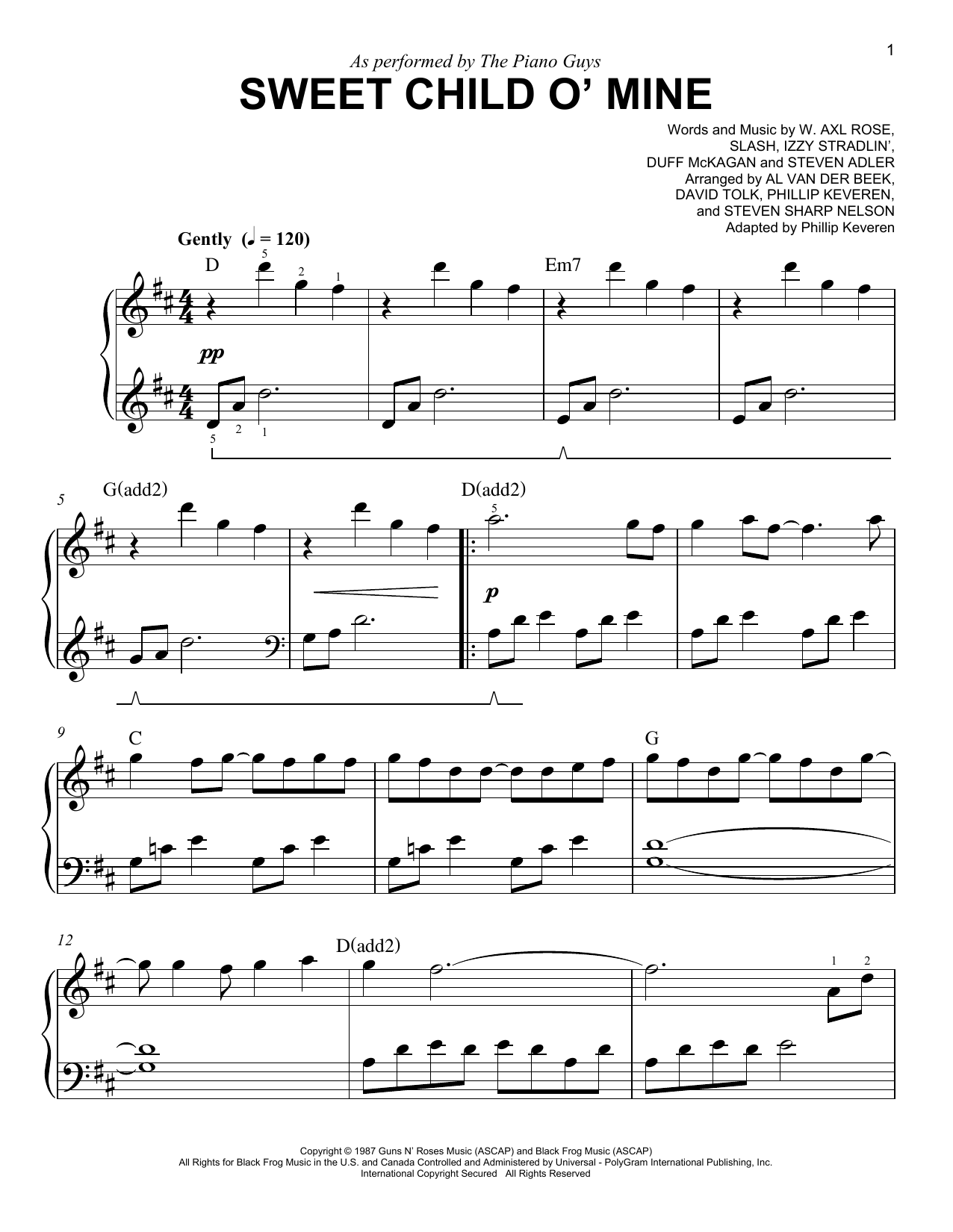 The Piano Guys Sweet Child O' Mine (arr. Phillip Keveren) sheet music notes and chords arranged for Easy Piano