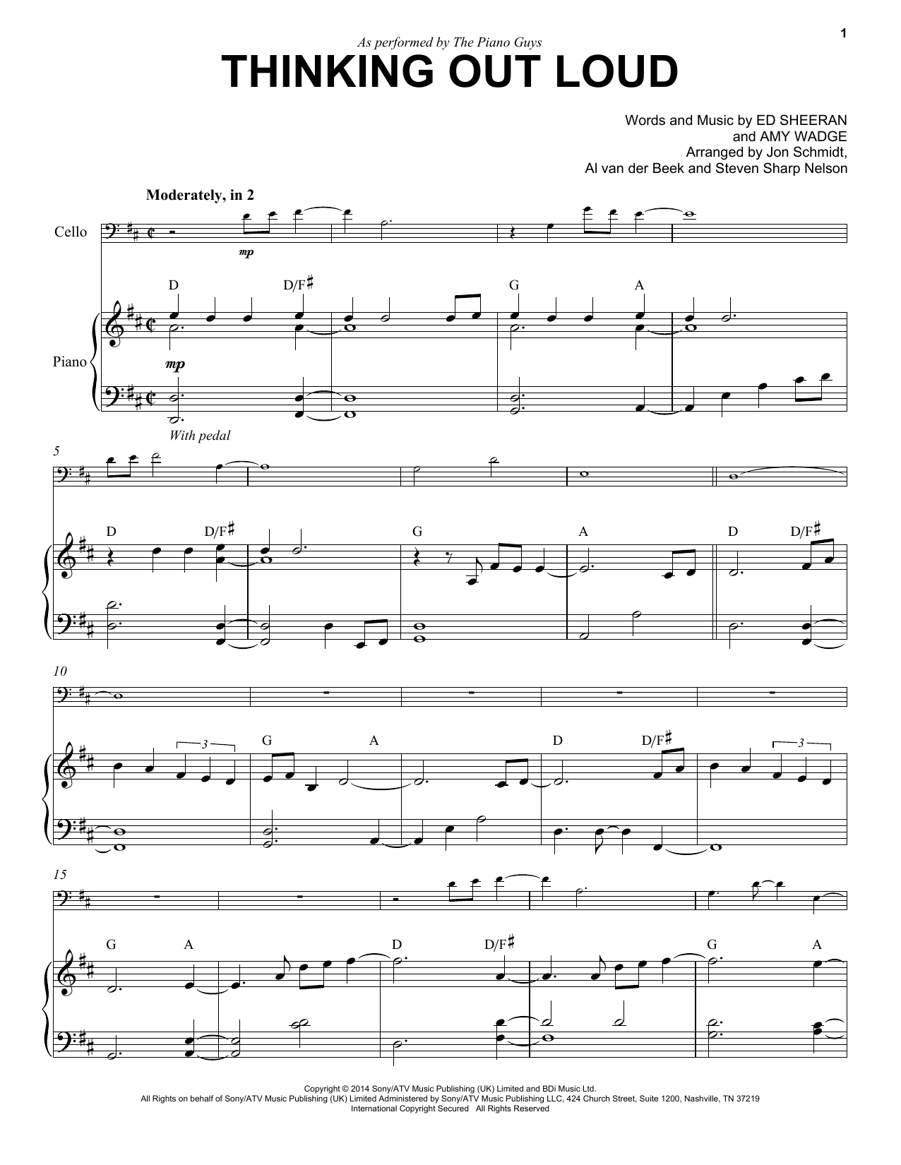 The Piano Guys Thinking Out Loud sheet music notes and chords arranged for Cello and Piano