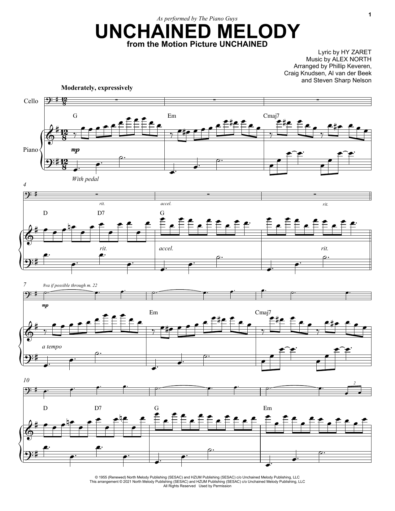 The Piano Guys Unchained Melody sheet music notes and chords arranged for Cello and Piano