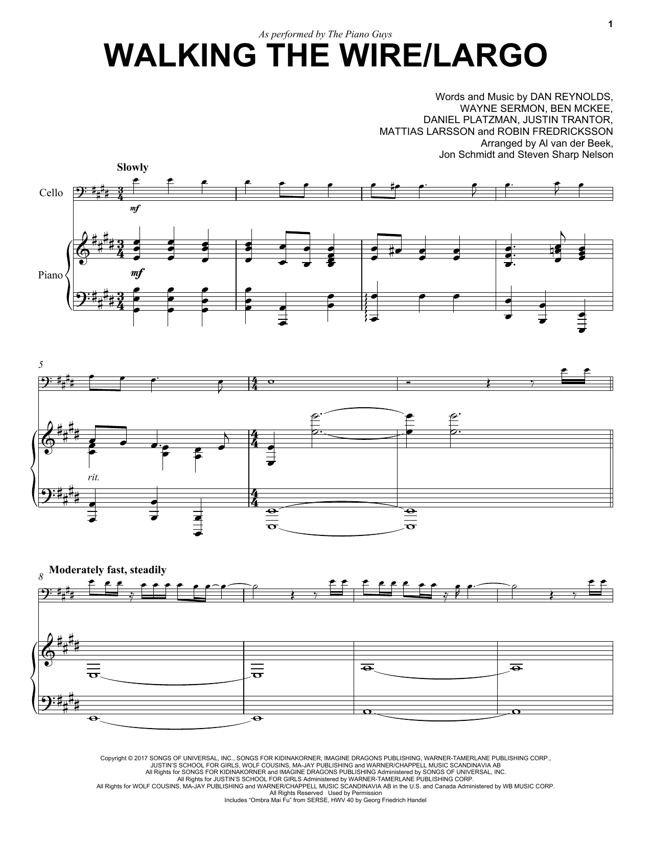 The Piano Guys Walking The Wire / Largo sheet music notes and chords arranged for Cello and Piano