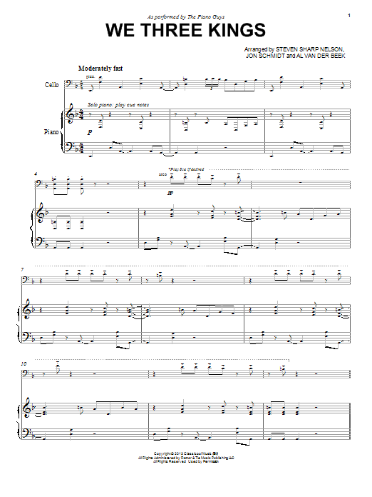 The Piano Guys We Three Kings sheet music notes and chords arranged for Cello and Piano