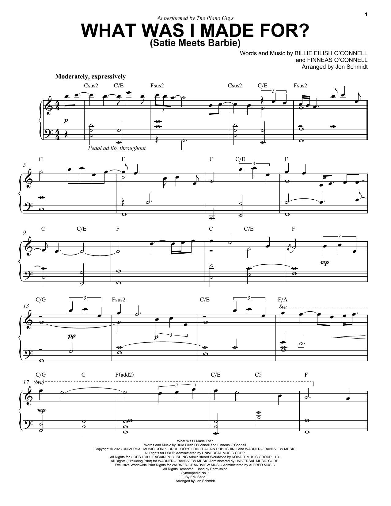 The Piano Guys What Was I Made For? (Satie Meets Barbie) sheet music notes and chords arranged for Piano Solo