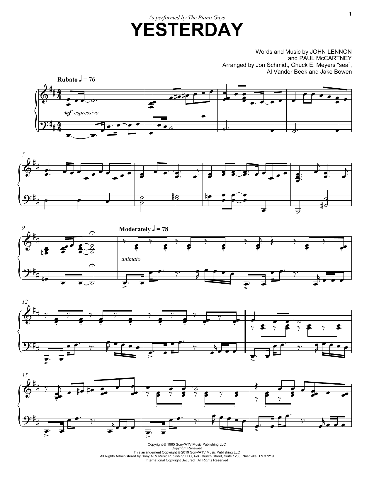 The Piano Guys Yesterday sheet music notes and chords arranged for Cello and Piano