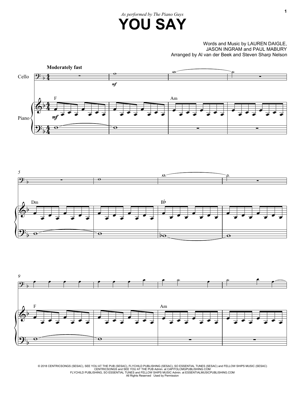 The Piano Guys You Say / Sonata Pathétique sheet music notes and chords arranged for Cello and Piano